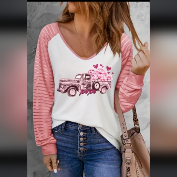 Tops - LAST THREE ❤️ Pink Valentines Flower Car Graphic Striped Long Sleeve Top